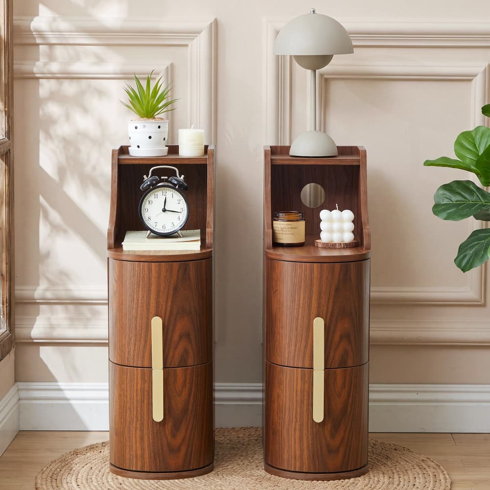 Set of 2 Walnut Mid Century Modern Wooden 2 Drawer Thin Cylinder End Table with Cable Management Hole