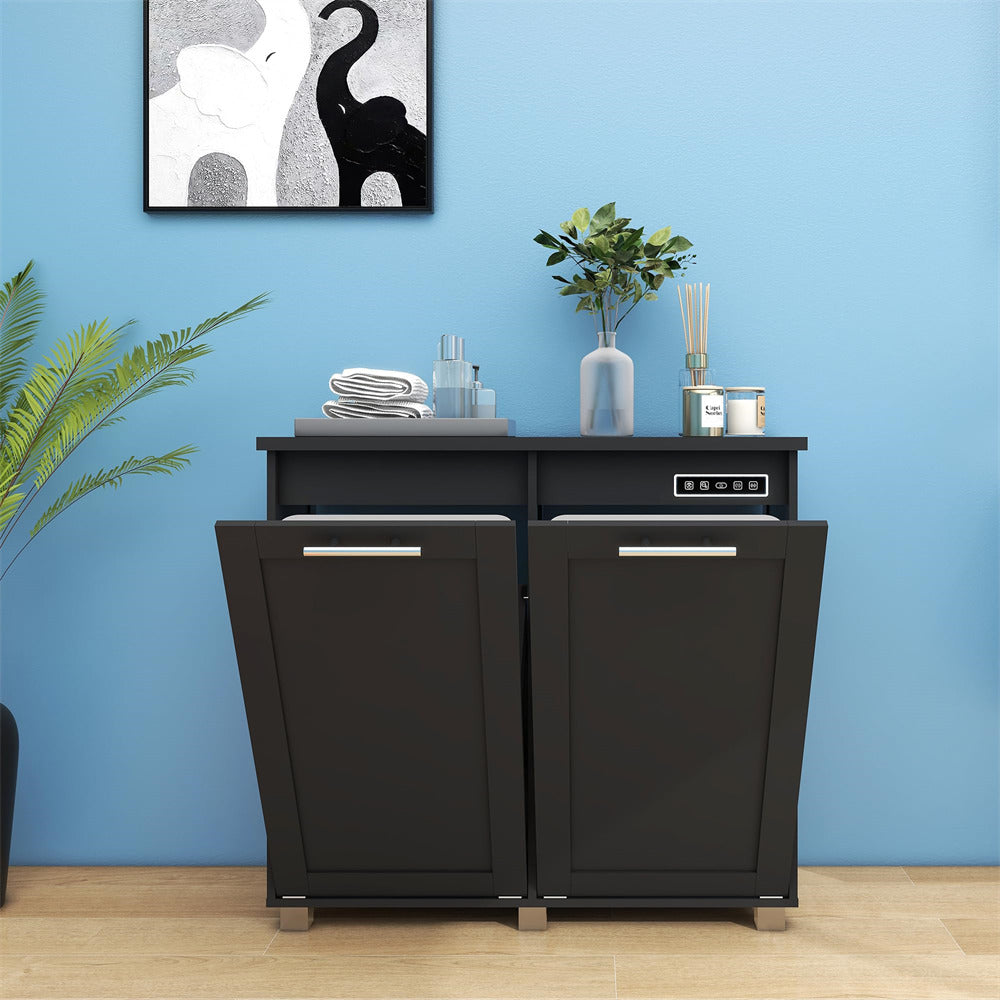 Smart Freestanding Wooden 20 Gallon Double Tilt Out Trash Cabinet Laundry Hamper Black