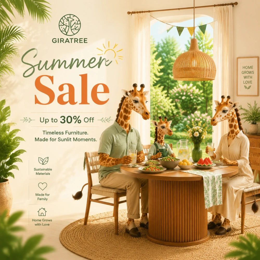 A promotional advertisement for Giratree featuring a family of four wearing giraffe costumes sitting around a dining table in a beautifully decorated room. The left side features text overlays reading 'GIRATREE Summer Sale Up to 30% Off' with various feature icons.