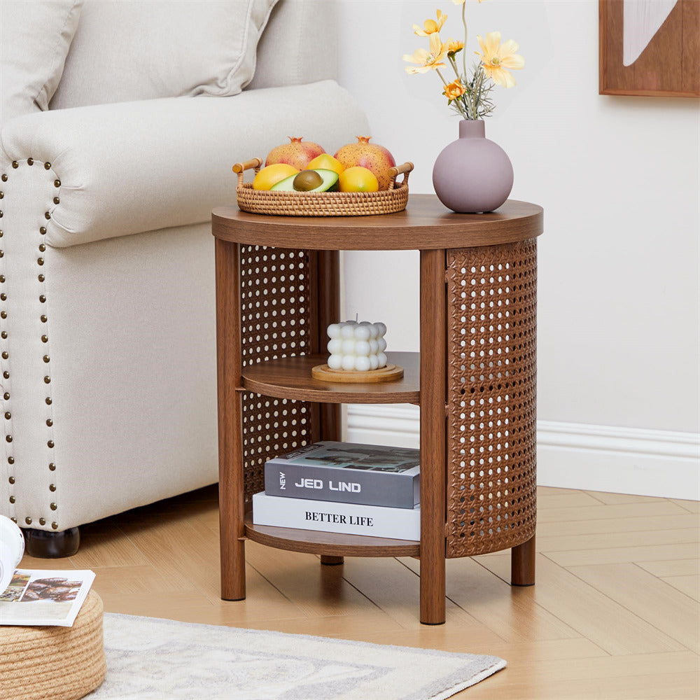 Wooden side table with wicker design in a living room setting.