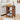Wooden side table with wicker design in a living room setting.