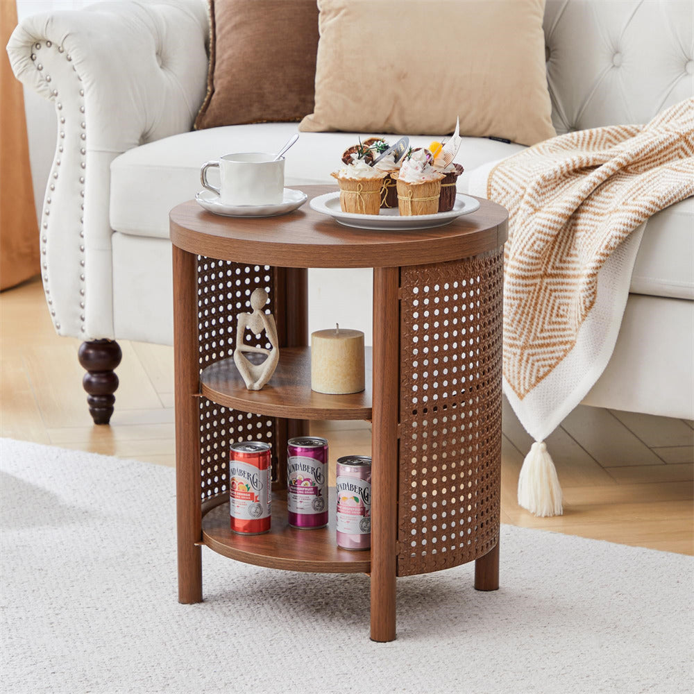 Wooden side table with decorative items in a living room setting