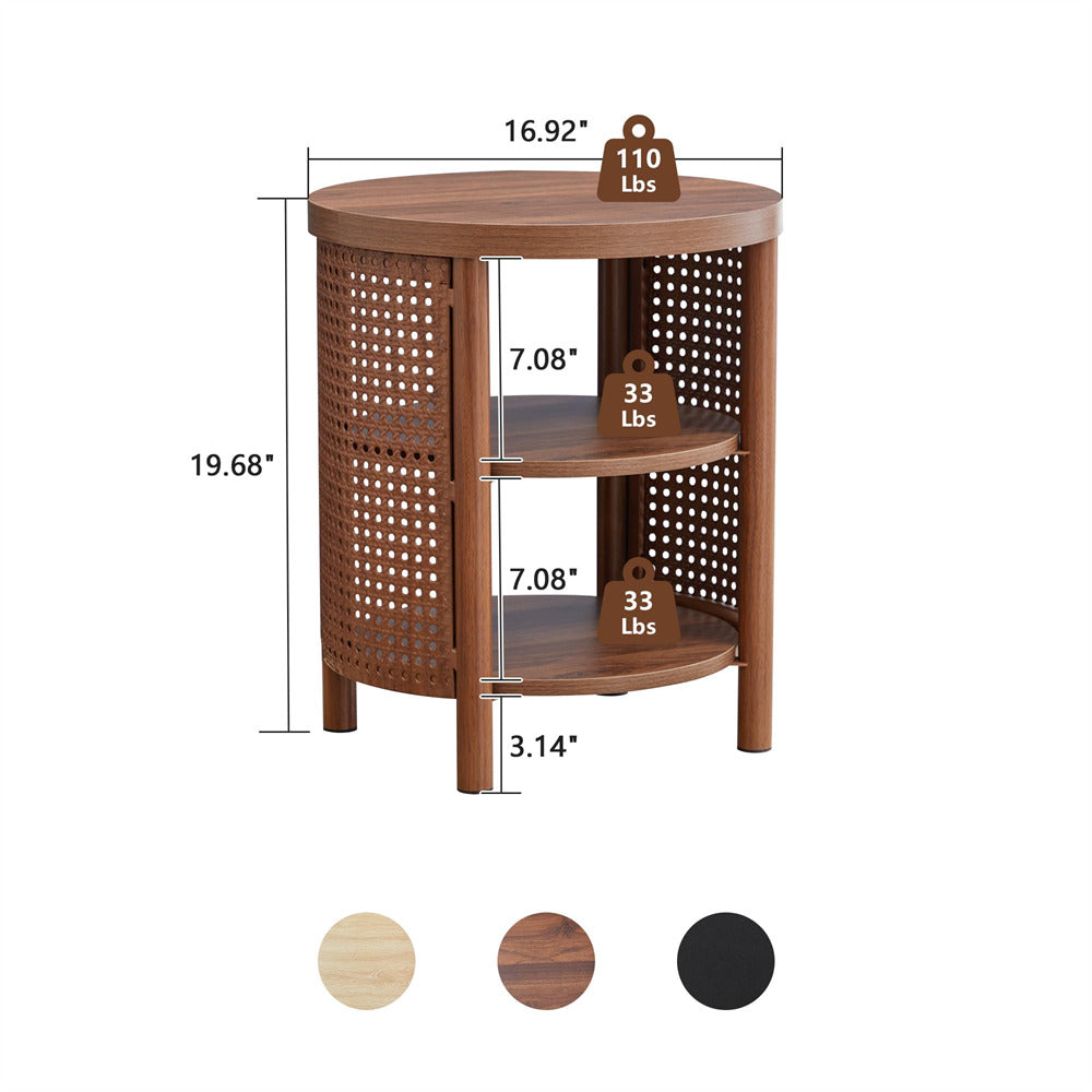 Wooden side table with dimensions and weight capacity on a white background