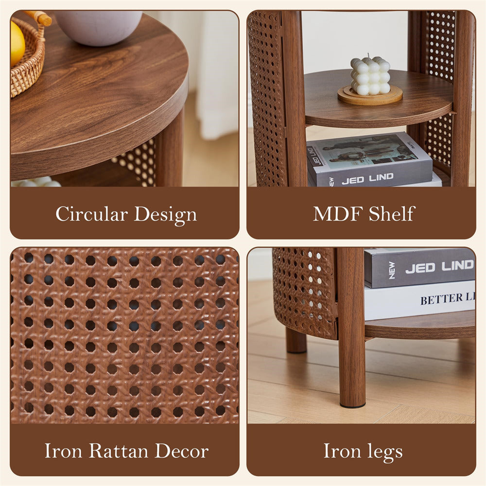 Wooden side table with circular design, MDF shelf, iron rattan decor, and iron legs.