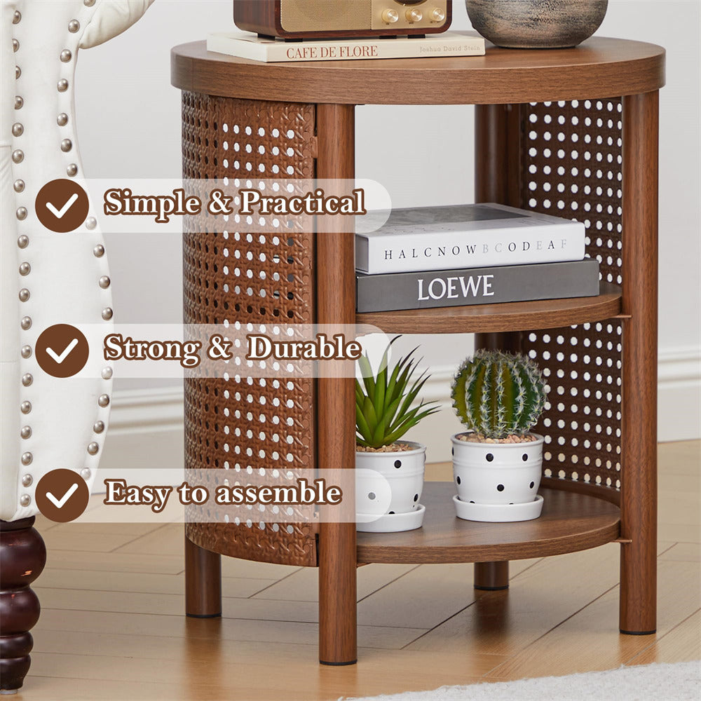 Wooden side table with wicker design, books, and plants in a room setting.
