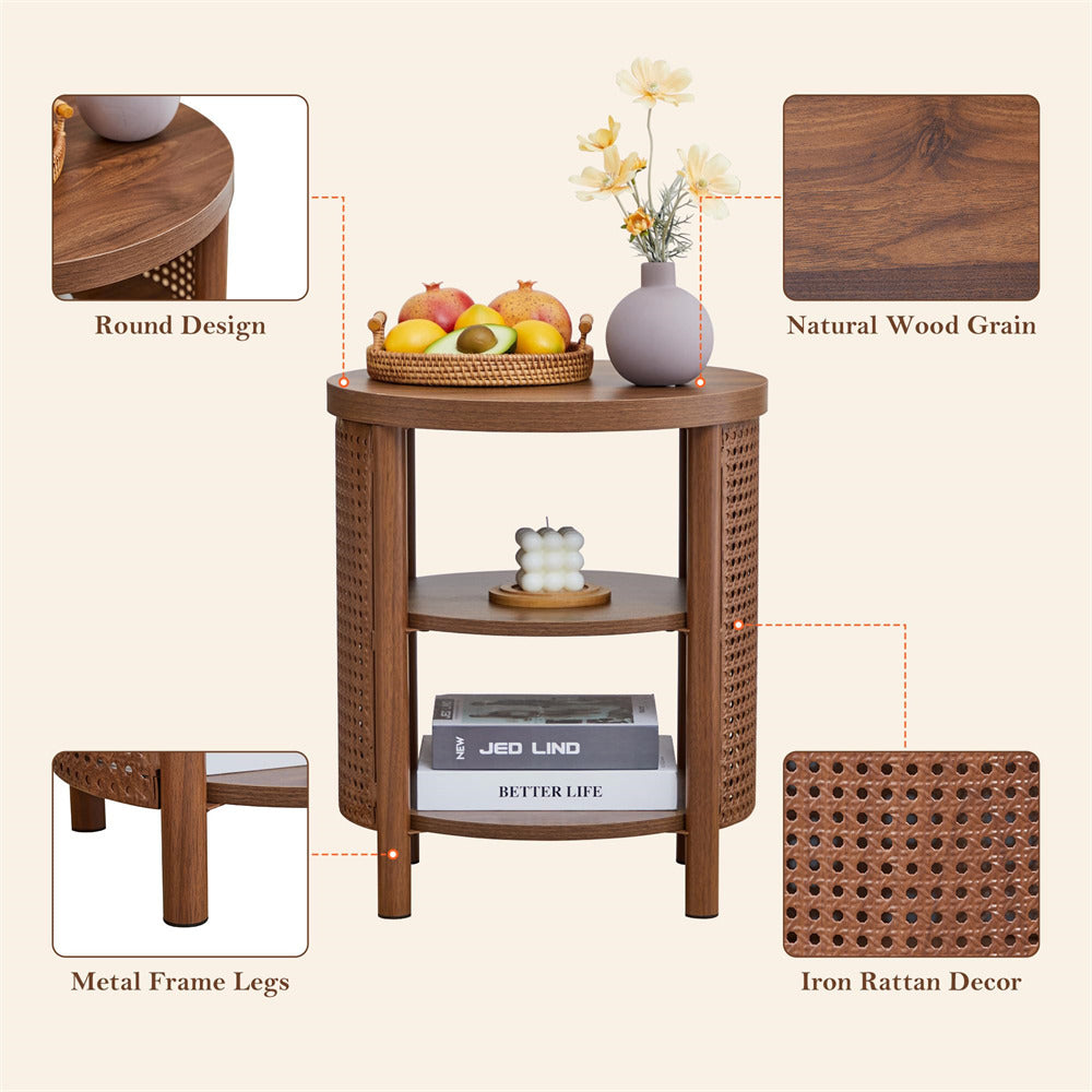 Round wooden side table with natural wood grain, metal frame legs, and iron rattan decor.