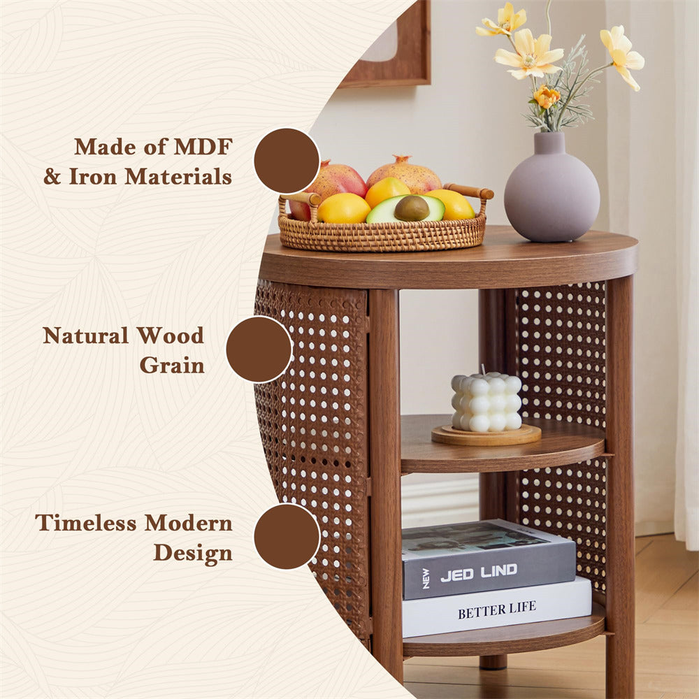 Wooden side table with natural wood grain, featuring a basket of fruits and a vase on top.