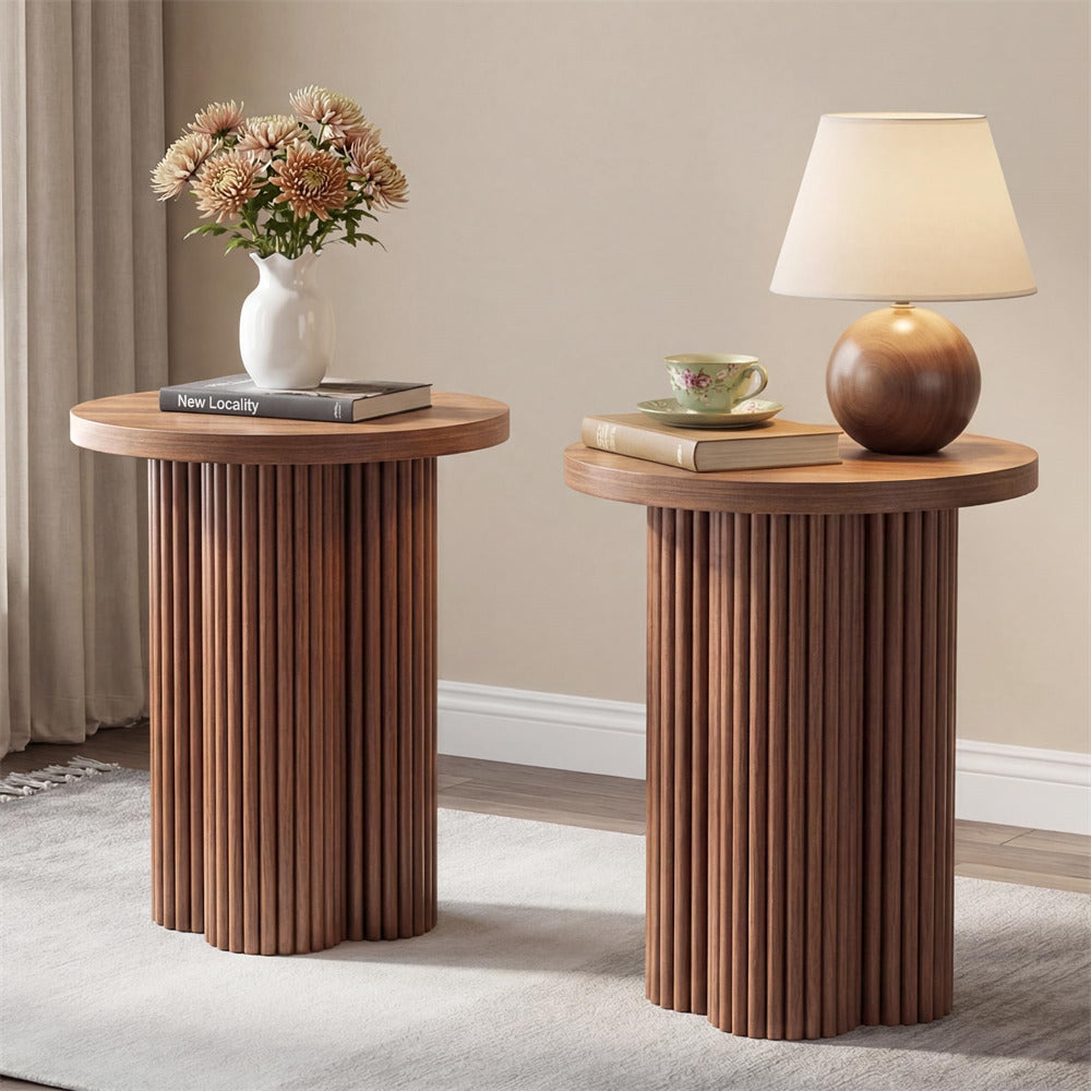 Walnut 17.7'' Mid Century Modern Side Table Round Fluted End Table Set of 2