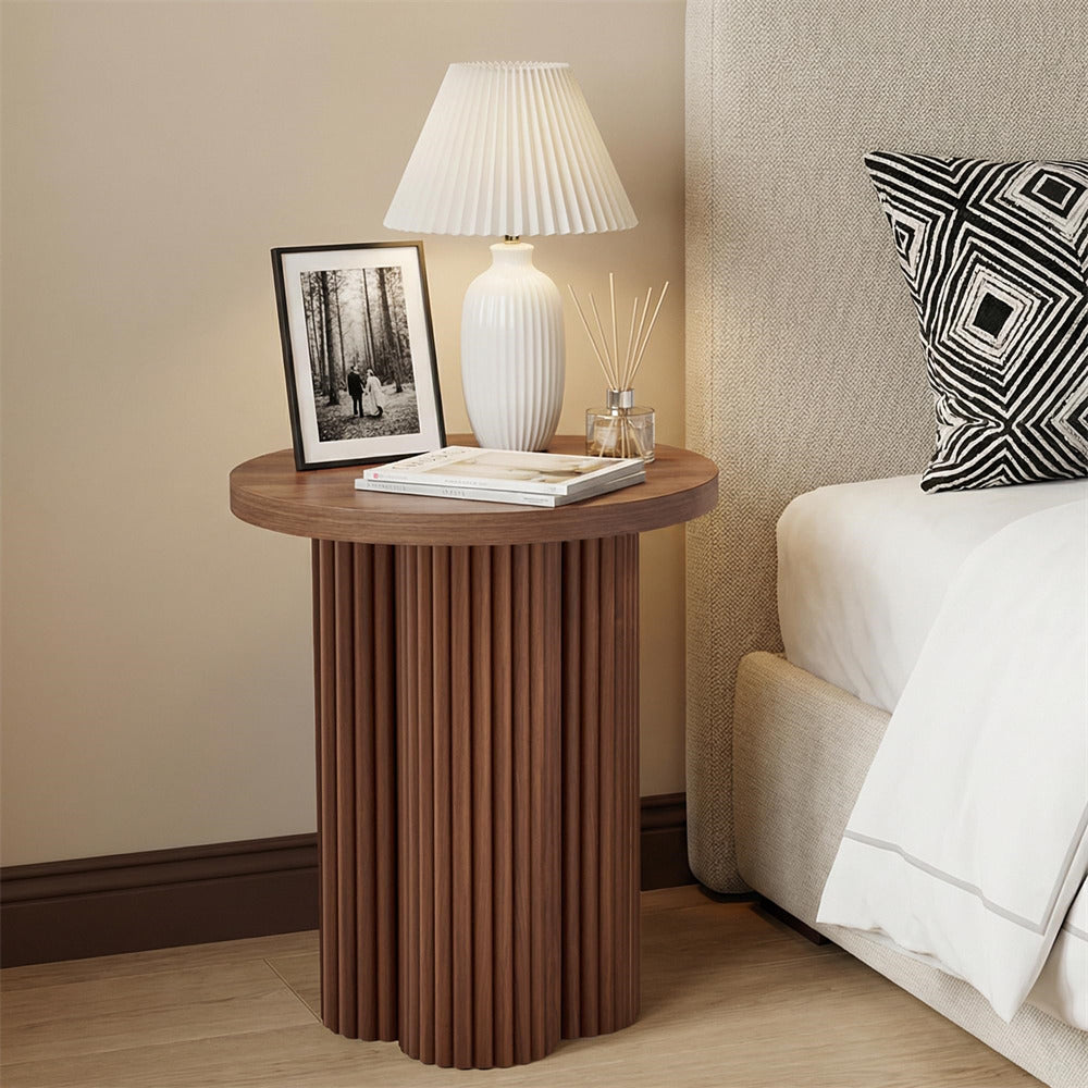 Walnut 17.7'' Mid Century Modern Side Table Round Fluted End Table