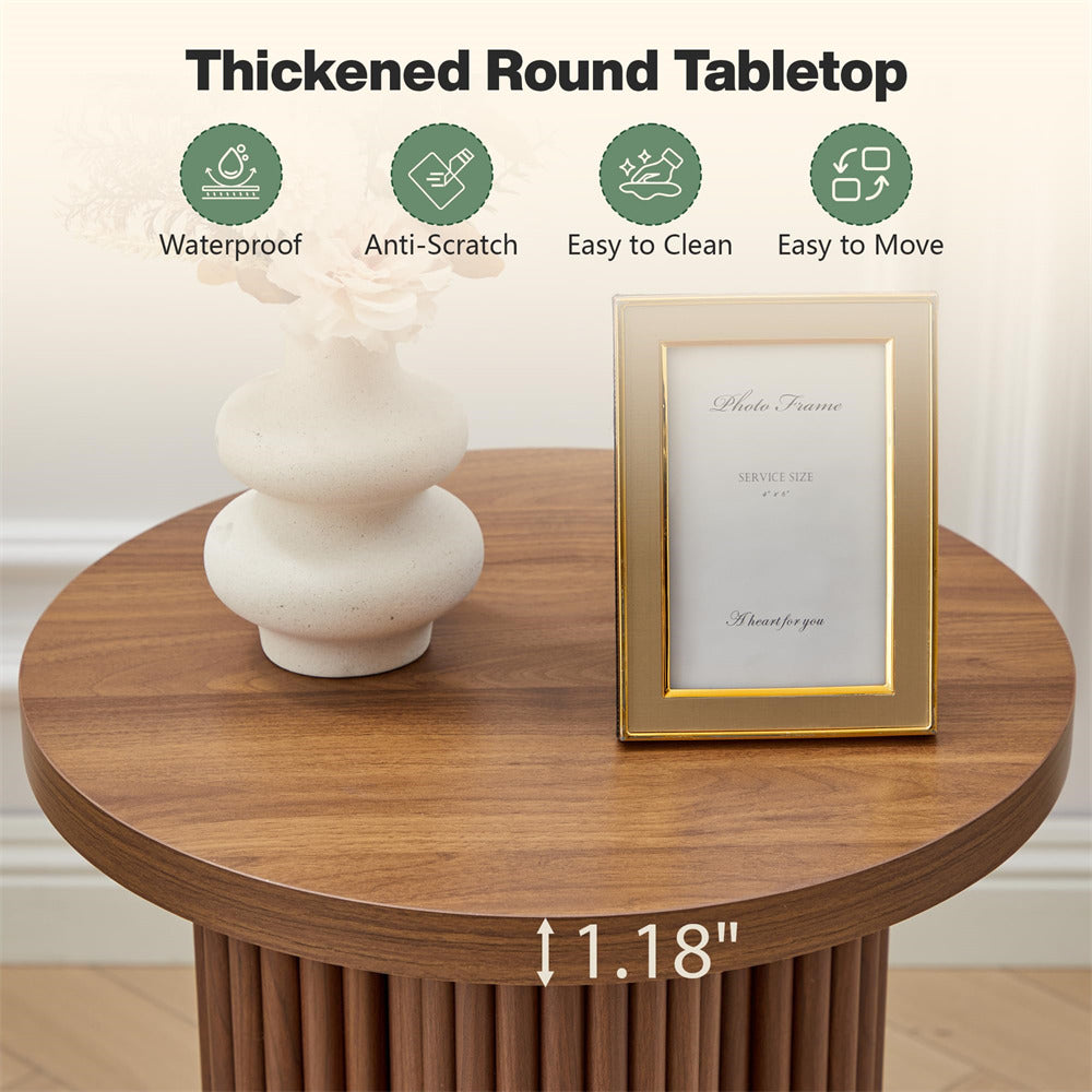 Walnut 17.7'' Mid Century Modern Side Table Round Fluted End Table