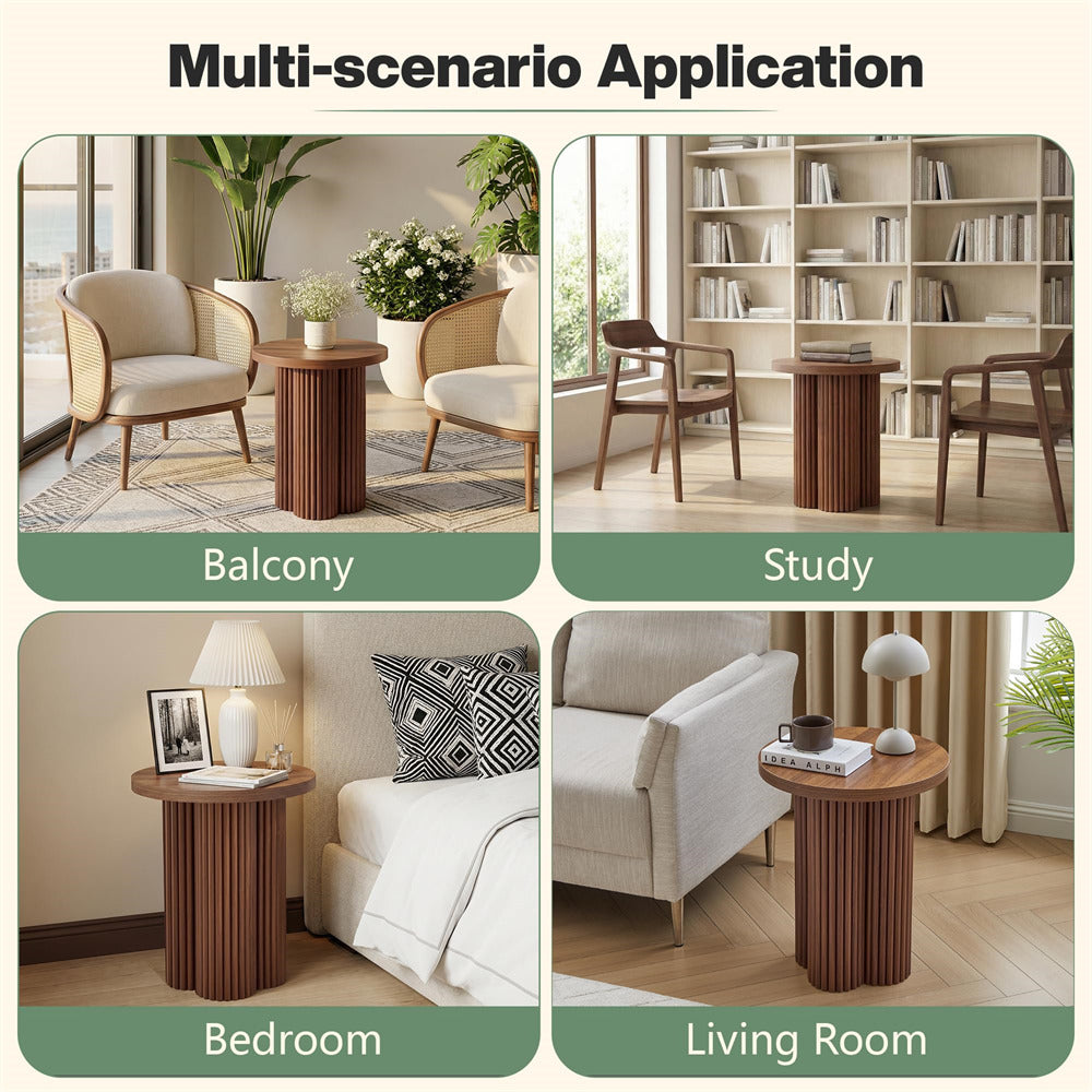 Walnut 17.7'' Mid Century Modern Side Table Round Fluted End Table