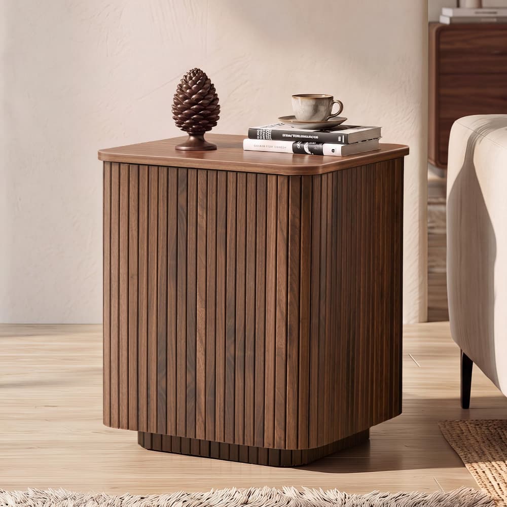 Walnut 18" Square Fluted End Table with Removable Lid Access and Storage