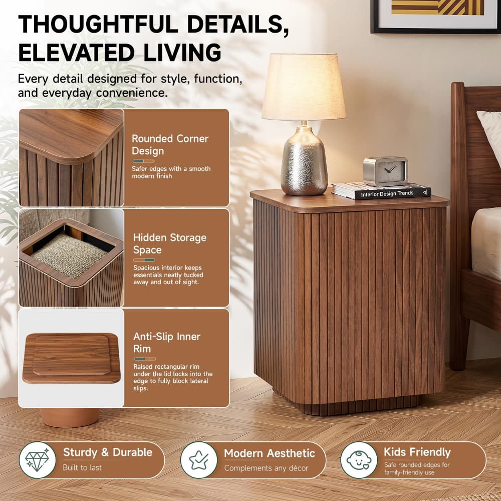 Walnut 18" Square Fluted End Table with Removable Lid Access and Storage