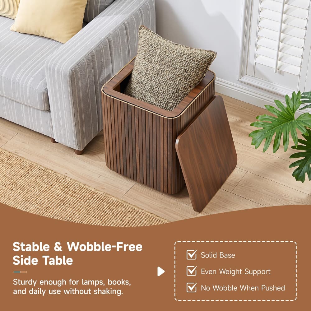 Walnut 18" Square Fluted End Table with Removable Lid Access and Storage