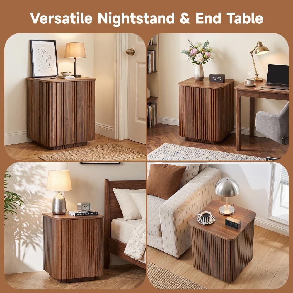 A four-panel collage showing a versatile wooden nightstand and end table in different home settings. The furniture has a warm medium-brown wood finish with vertical fluted slats.