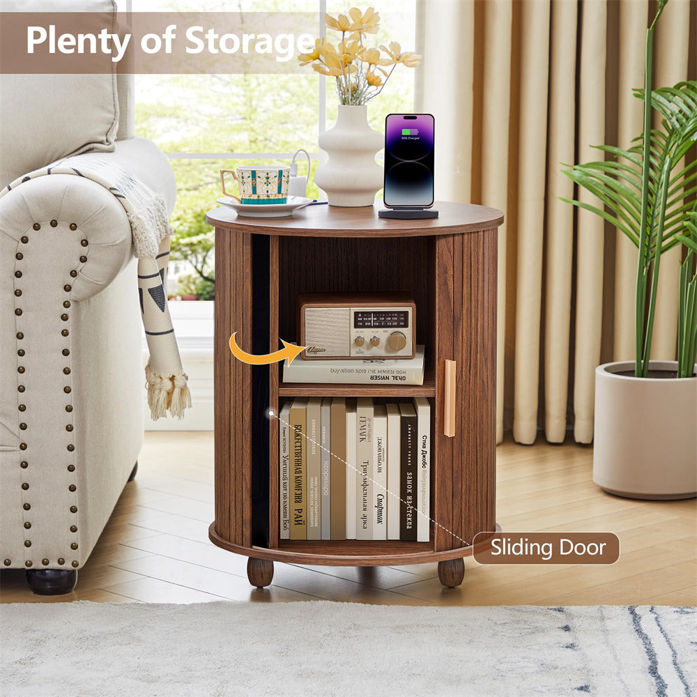 Wooden side table with sliding door in a living room setting