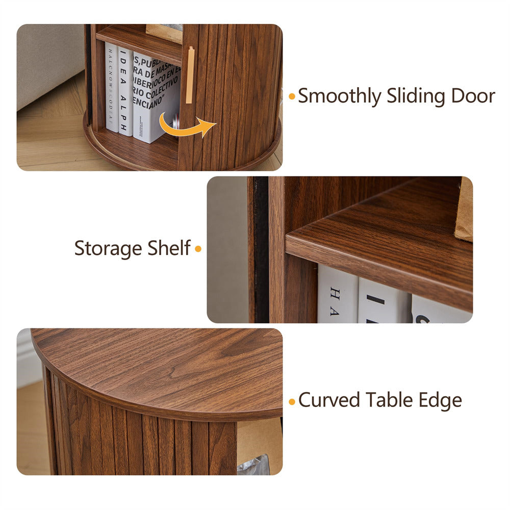 Wooden corner desk with features highlighted: smoothly sliding door, storage shelf, and curved table edge.