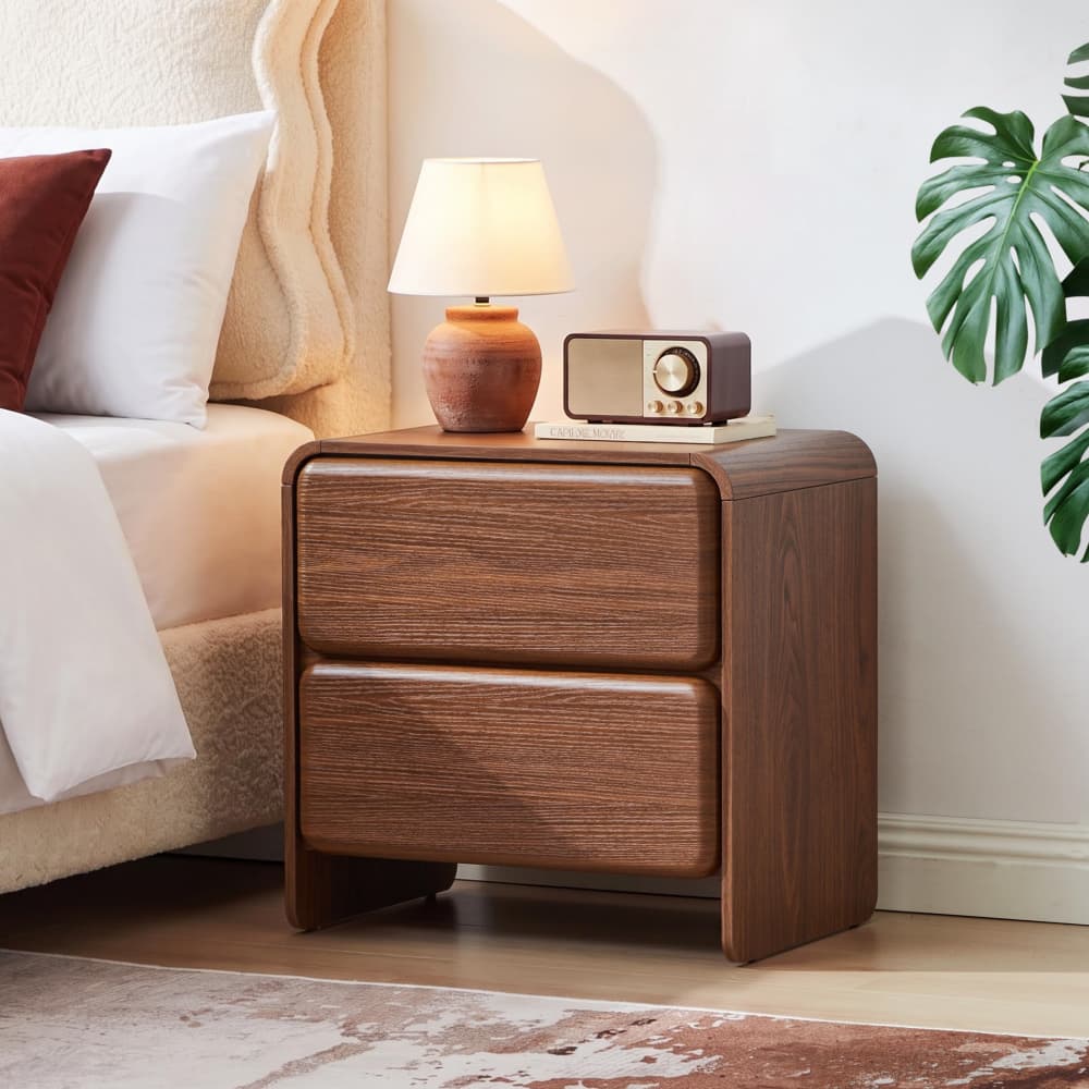 Walnut 19.7'' Modern Nightstand Bedside Table with 2 Large Drawers and Hidden Handles