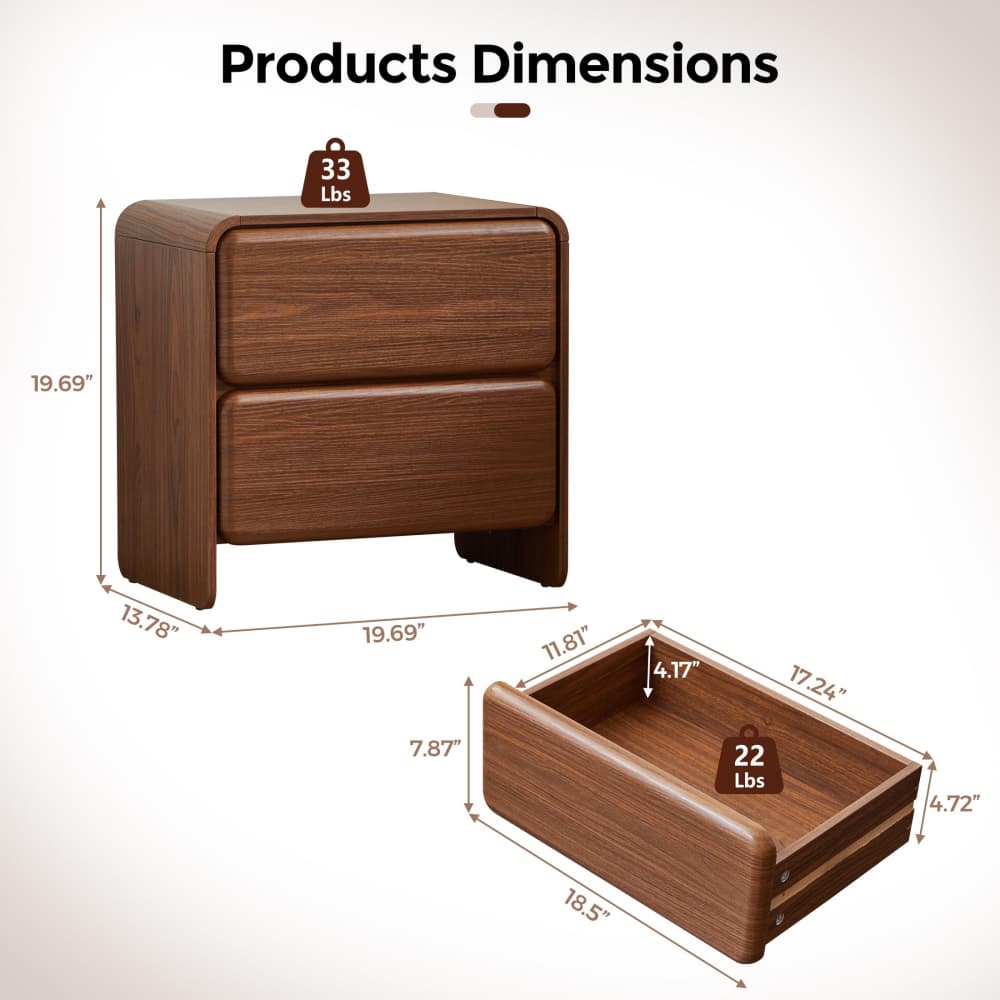 Walnut 19.7'' Modern Nightstand Bedside Table with 2 Large Drawers and Hidden Handles Size