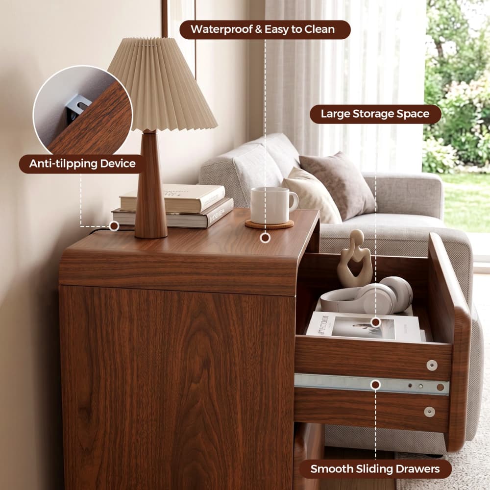 Walnut 19.7'' Modern Nightstand Bedside Table with 2 Large Drawers and Hidden Handles