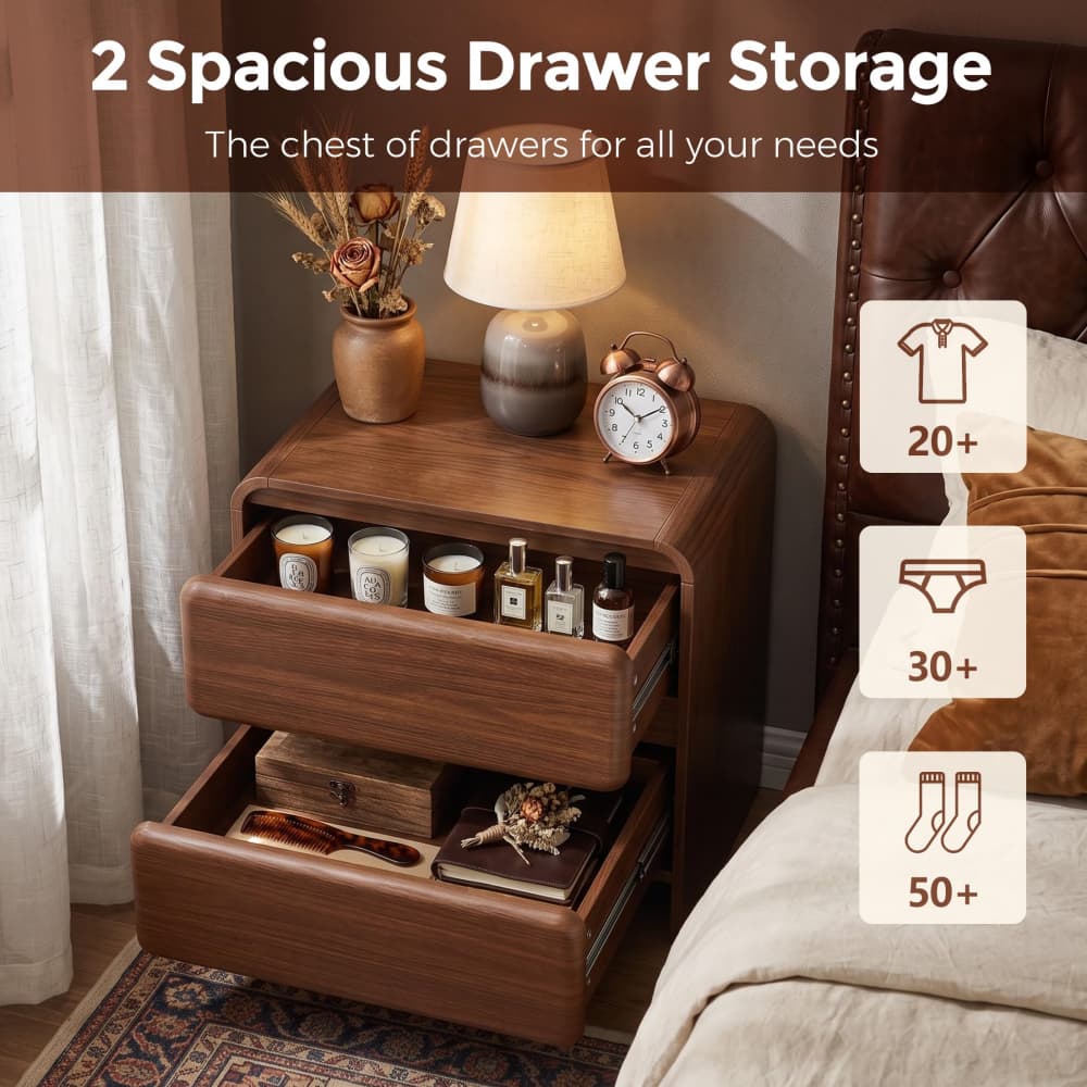 Walnut 19.7'' Modern Nightstand Bedside Table with 2 Large Drawers and Hidden Handles