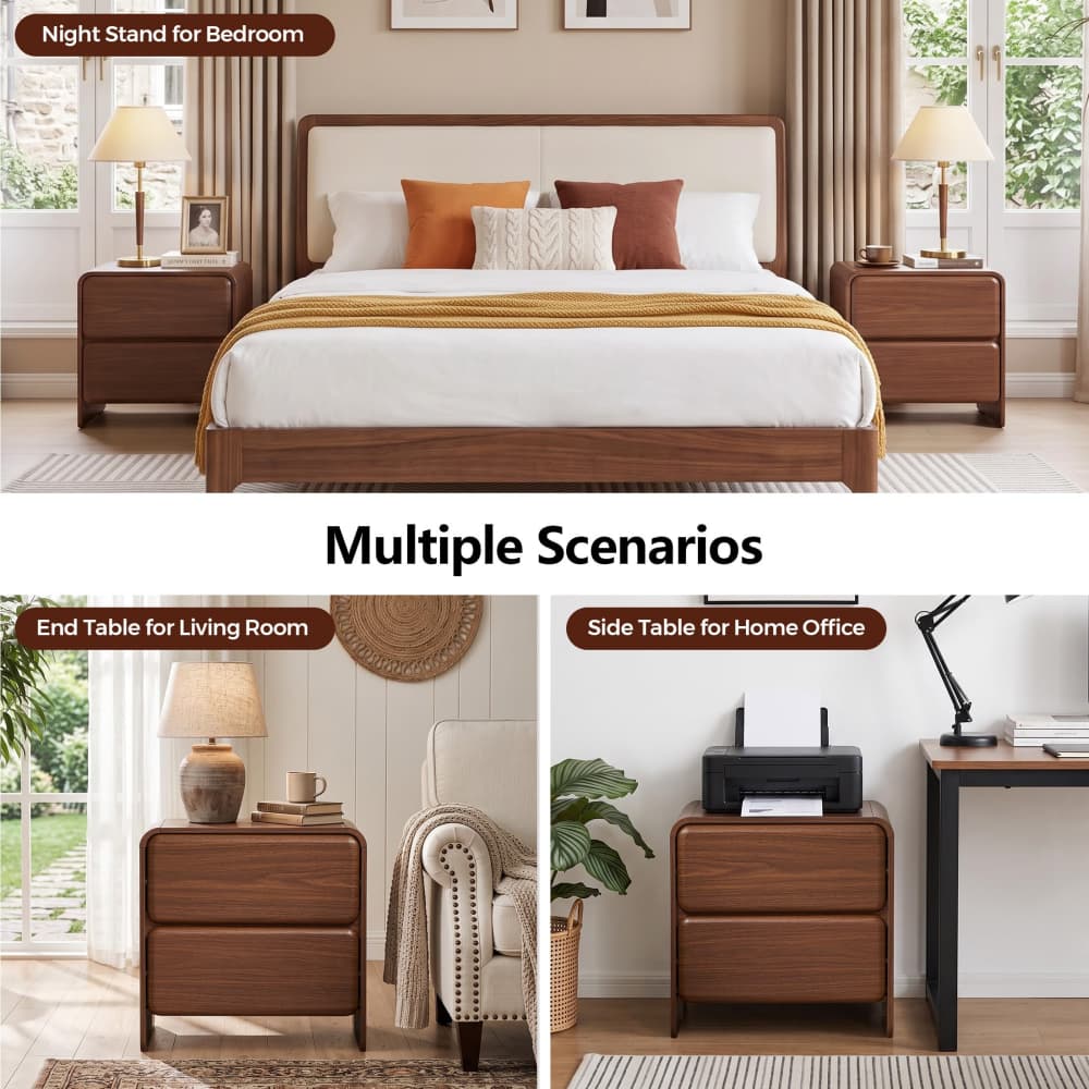 Walnut 19.7'' Modern Nightstand Bedside Table with 2 Large Drawers and Hidden Handles
