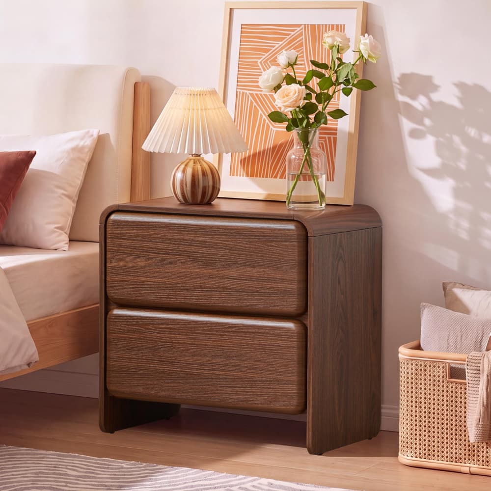 Walnut 19.7'' Modern Nightstand Bedside Table with 2 Large Drawers and Hidden Handles