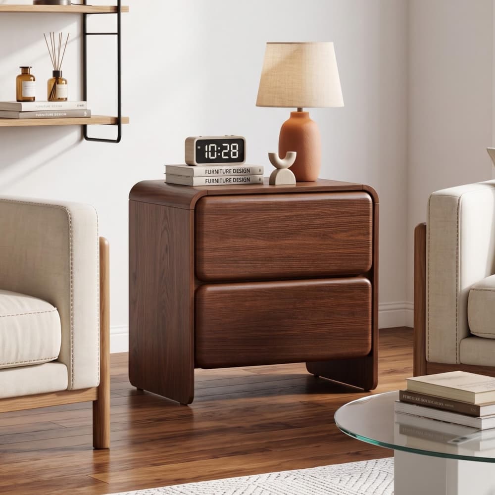 Walnut 19.7'' Modern Nightstand Bedside Table with 2 Large Drawers and Hidden Handles