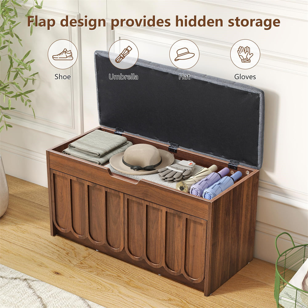 Wooden shoe storage bench with open lid showing hidden storage compartments for shoes, umbrella, hat, and gloves.