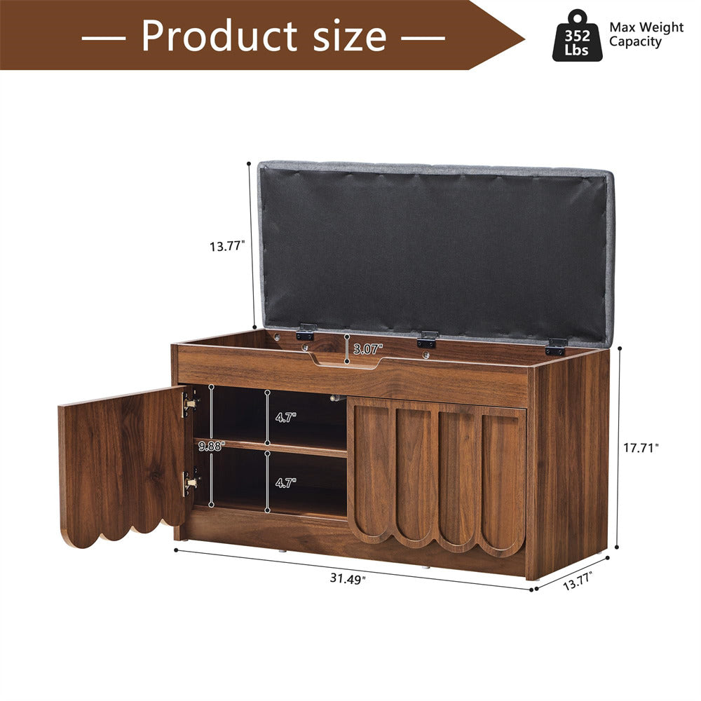 Wooden shoe storage bench with black cushion, dimensions, and weight capacity displayed.