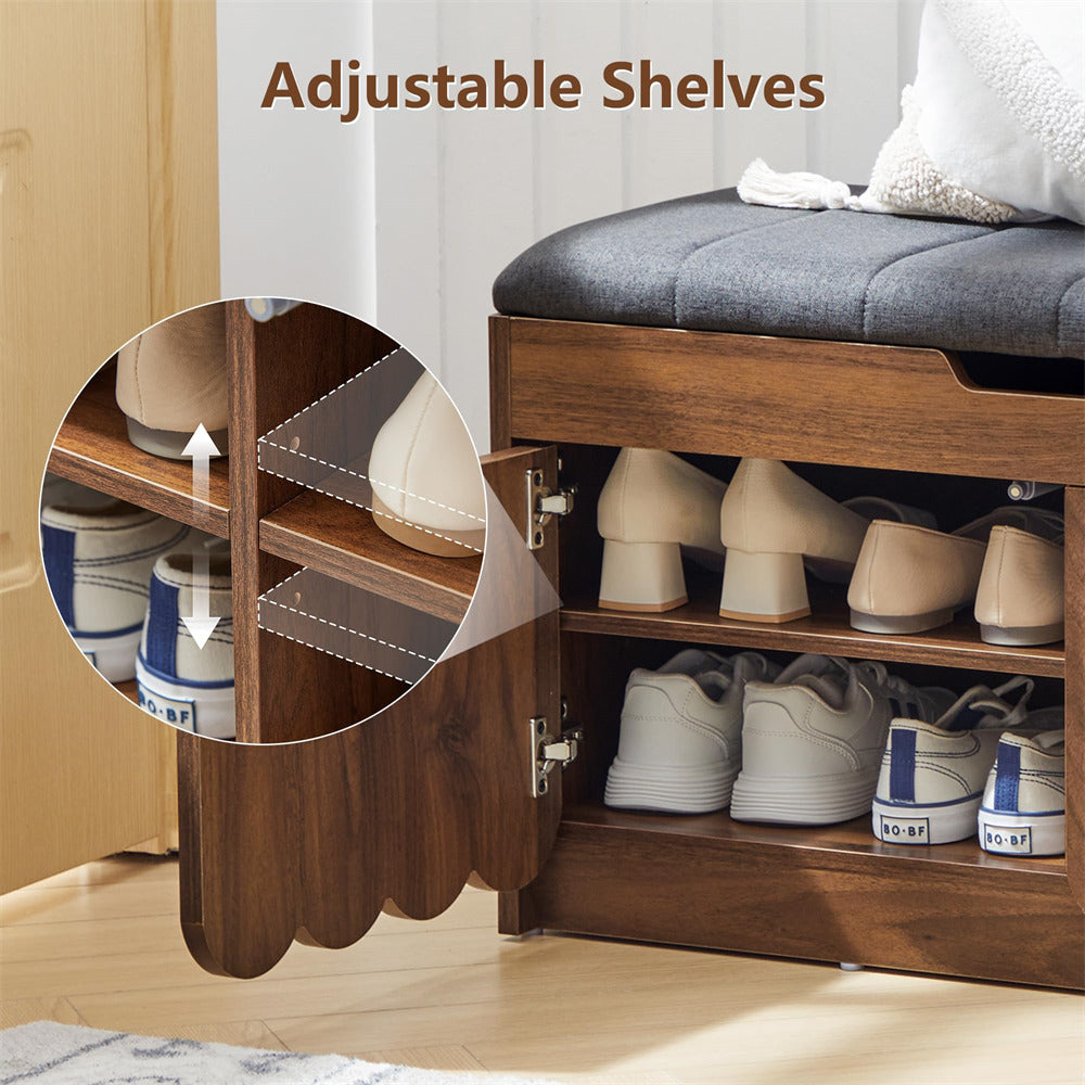 Wooden shoe cabinet with adjustable shelves containing shoes, with a close-up of the shelves.