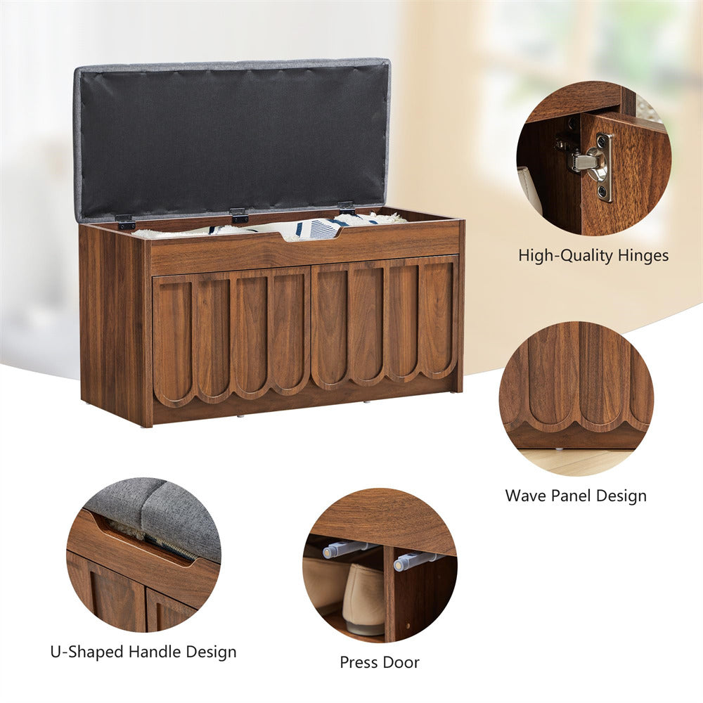 Wooden shoe storage bench with black cushion, highlighting high-quality hinges, wave panel design, U-shaped handle, and press door.