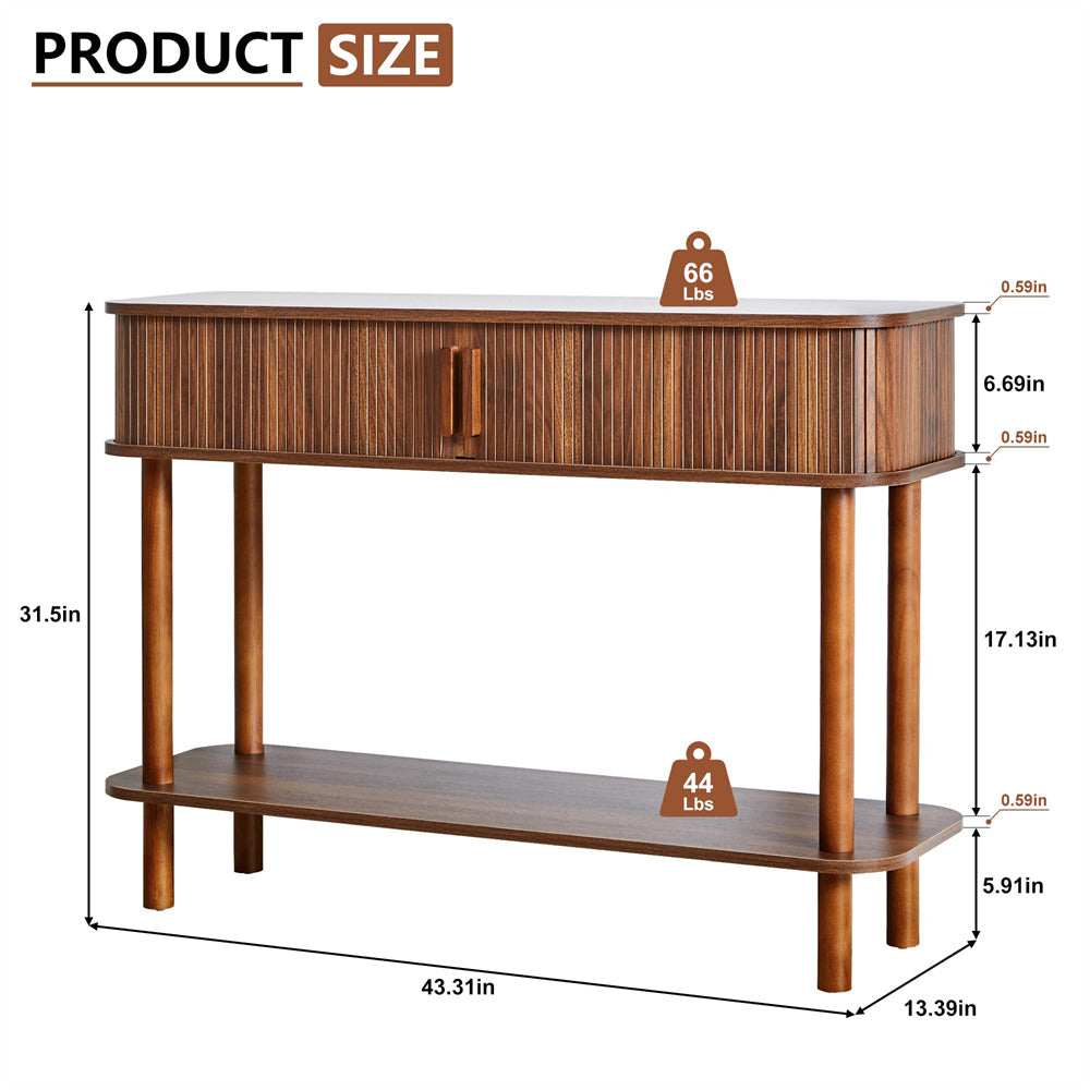 Wooden console table with dimensions and weight indicators on a white background