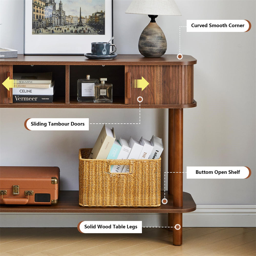 Wooden side table with features highlighted, including sliding tambour doors and a bottom open shelf.