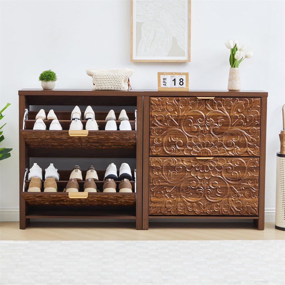 Wooden shoe cabinet with decorative carvings holding shoes and small items on a white wall background.