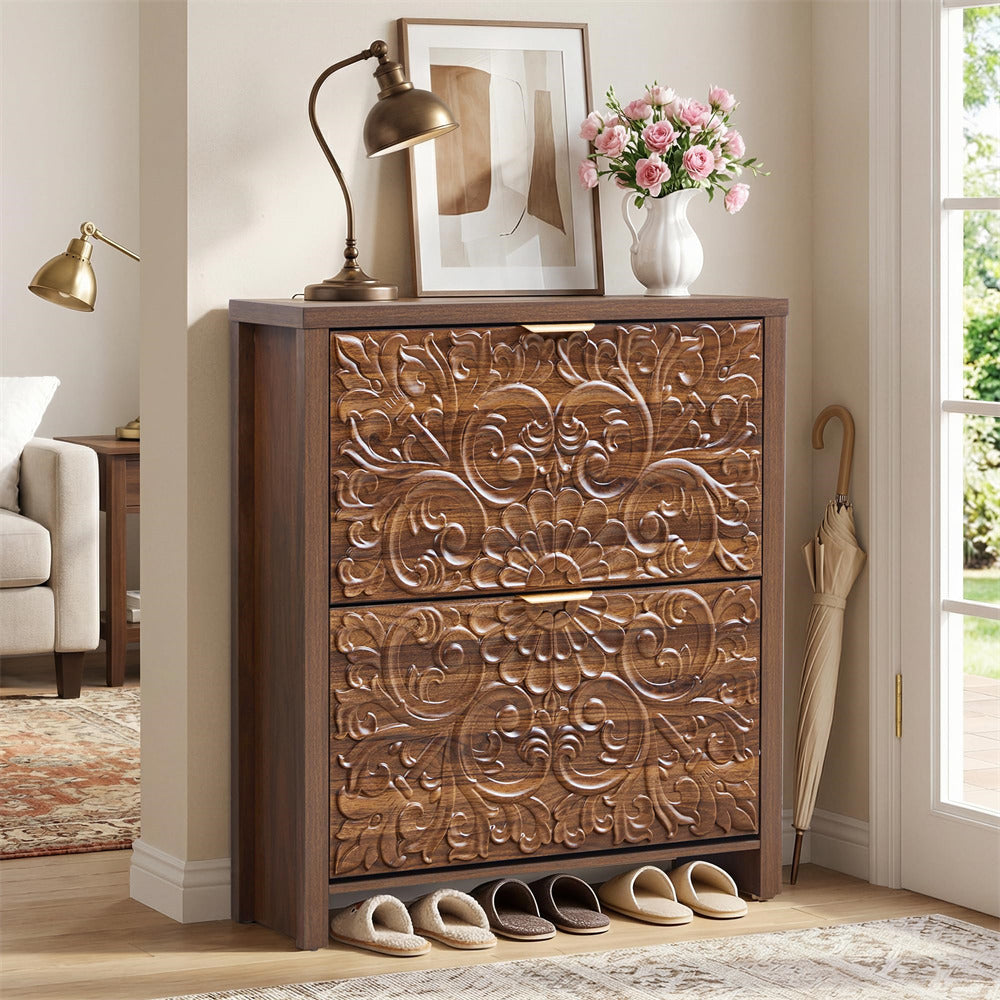Wooden Shoe Cabinet with decorative carvings in a living room setting.