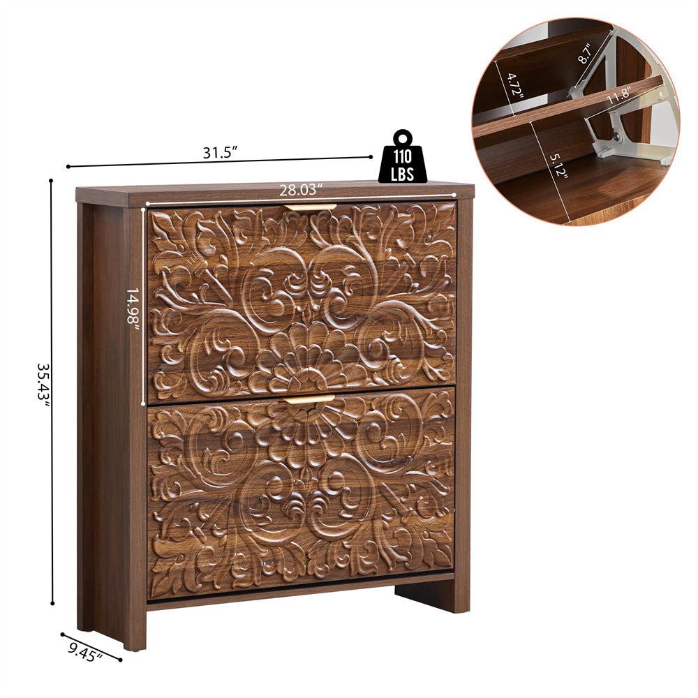 Wooden cabinet with intricate carvings and measurements on a white background