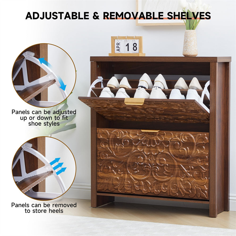 Wooden shoe cabinet with adjustable and removable shelves, showing shoe storage and panel adjustments.