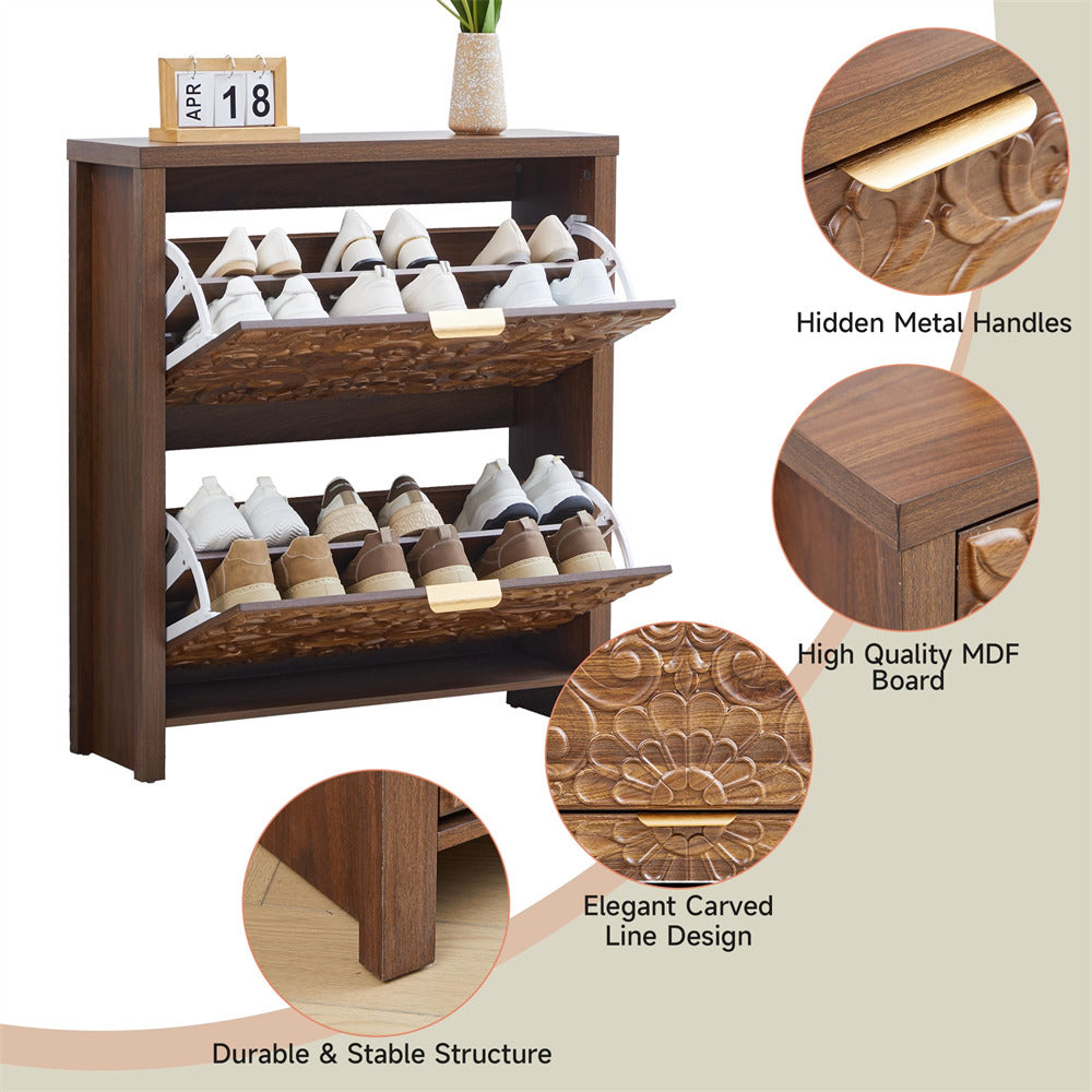 Wooden shoe rack with detailed features on a white background