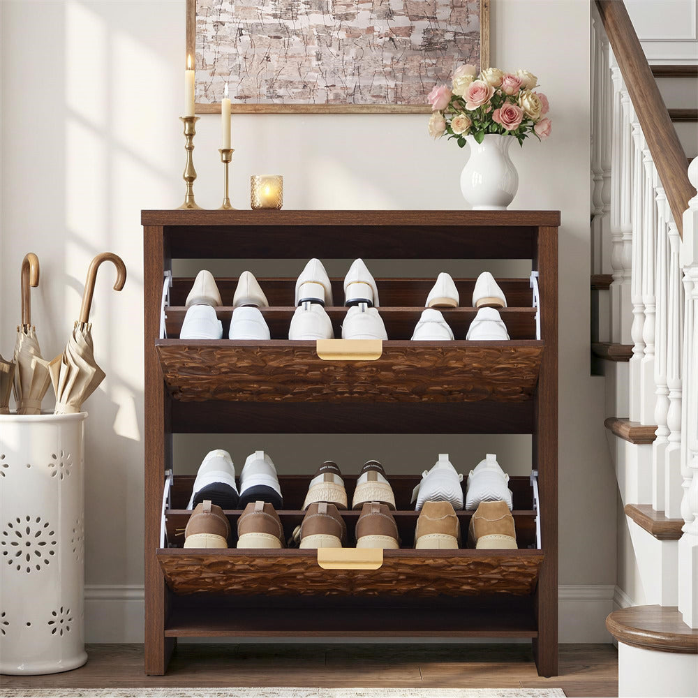 Wooden shoe rack with shoes on a shelf in a home setting.