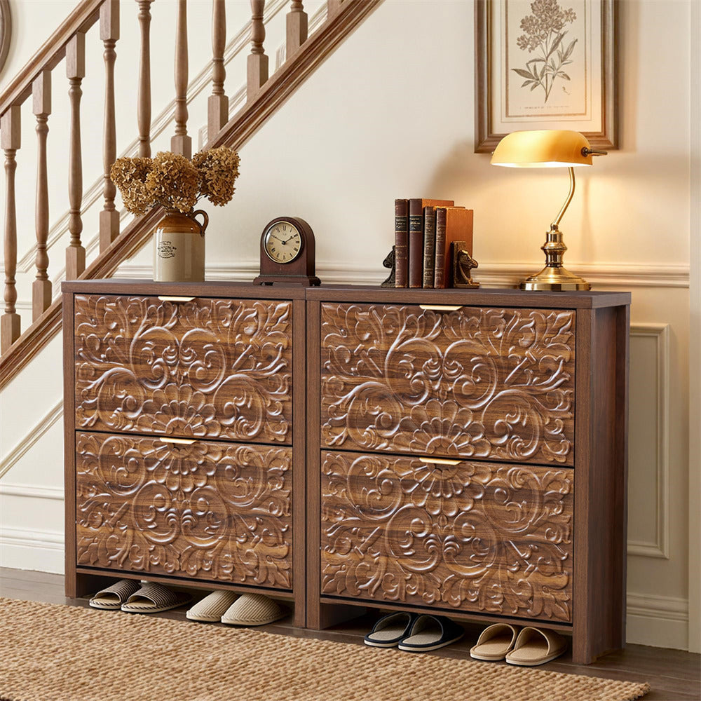 Wooden Shoe Cabinet with decorative carvings in a home setting.