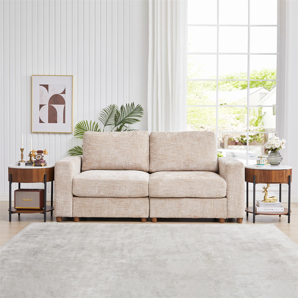 Walnut 2-Tier Wooden Round End Table Nightstand Set of 2 with Open Shelf and Metal Legs