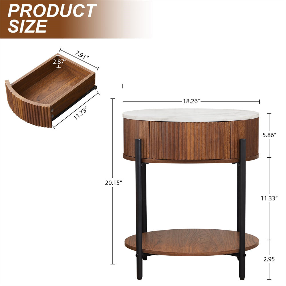 Wooden side table with dimensions labeled on a white background