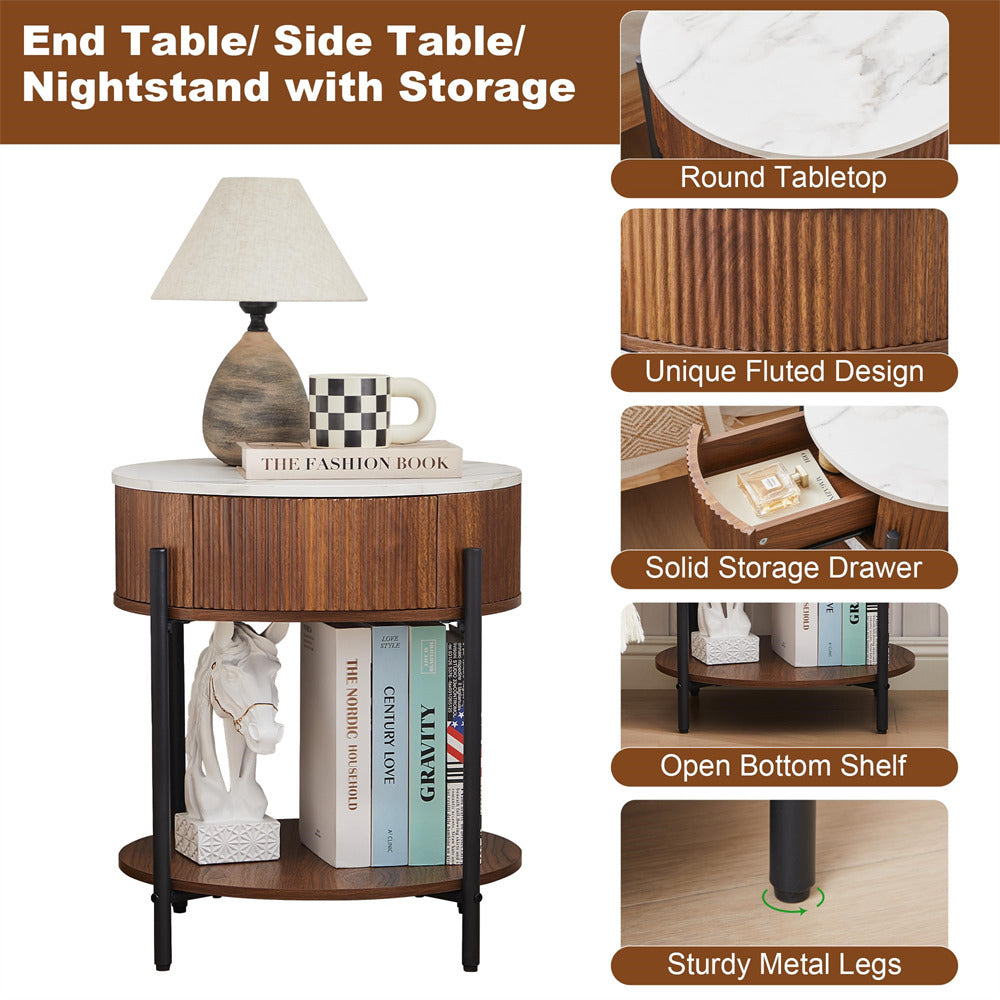 Round end table with storage features, including a lamp, books, and decor items.