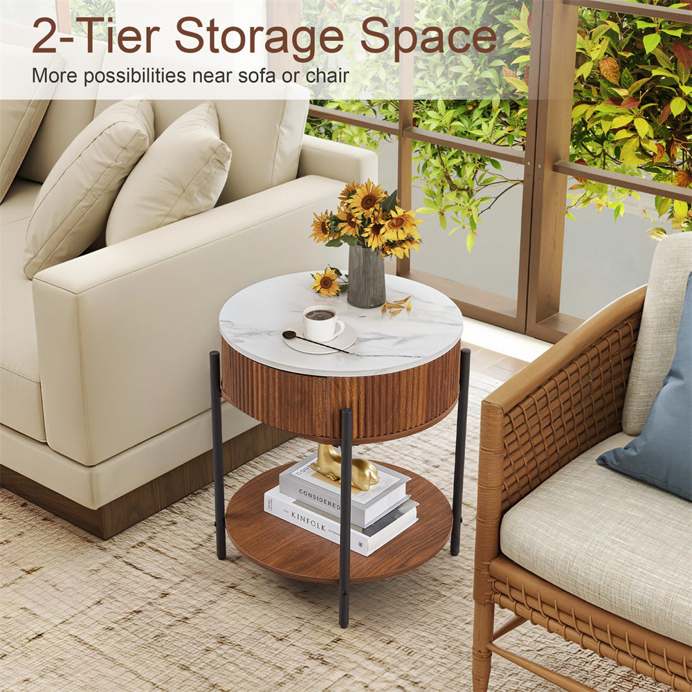 Two-tier side table in a living room setting with a sofa and chair.