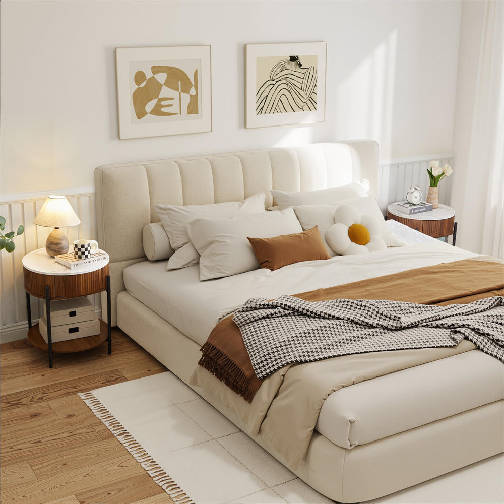 Walnut 2-Tier Wooden Round End Table Nightstand Set of 2 with Open Shelf and Metal Legs