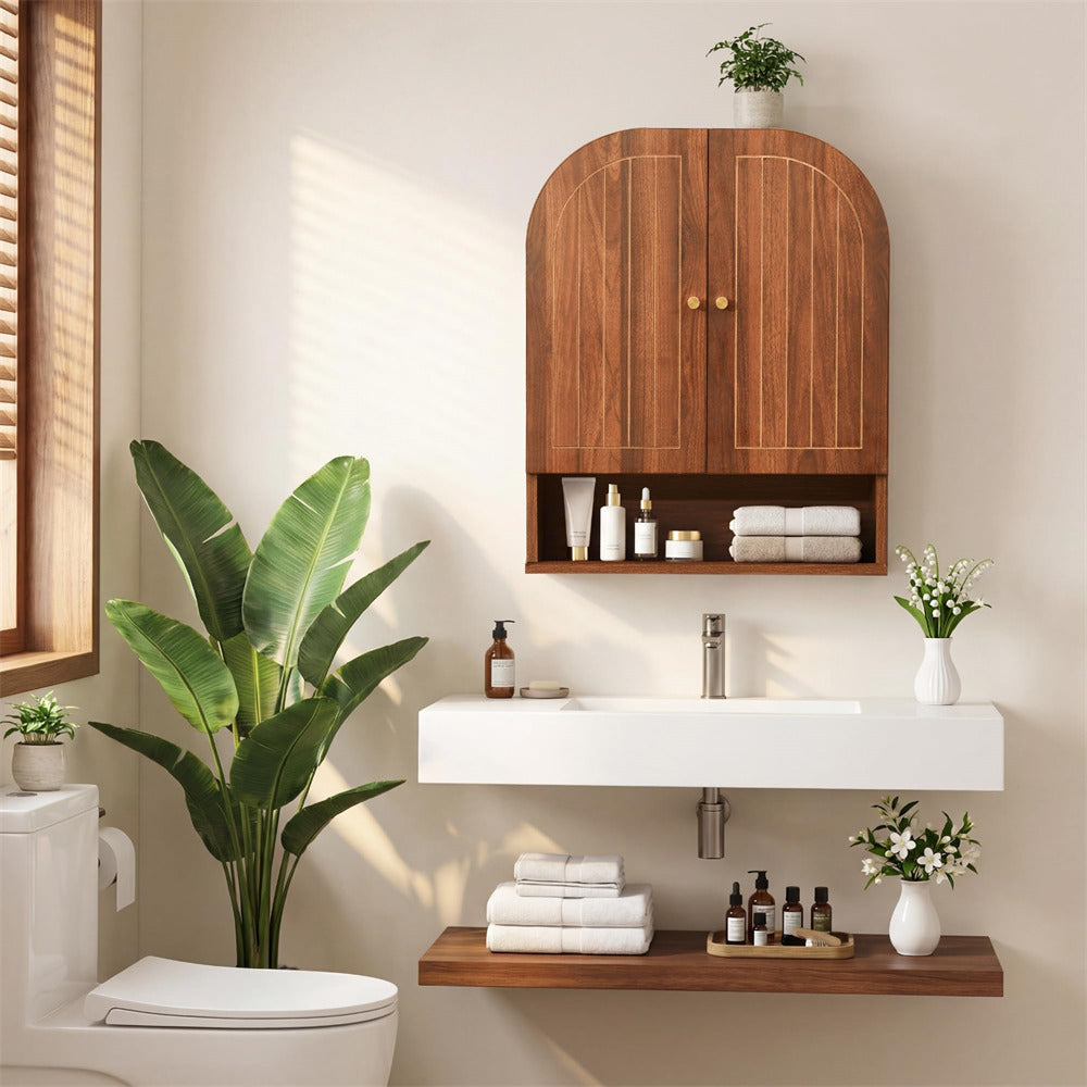 Walnut 23.5" Arched Wall Mounted Bathroom Cabinet with Fluted Grooved Design & Soft-Close Hinges