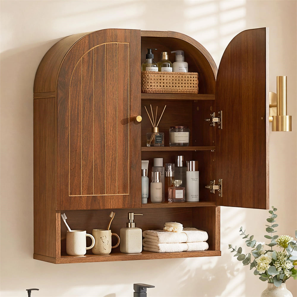 Walnut 23.5" Arched Wall Mounted Bathroom Cabinet with Fluted Grooved Design & Soft-Close Hinges