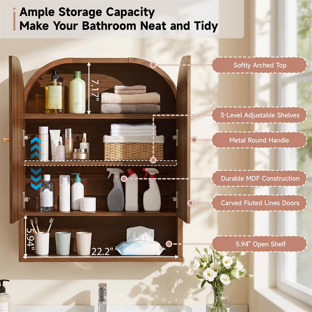 Wooden bathroom cabinet with shelves and products, featuring text on storage capacity and features.