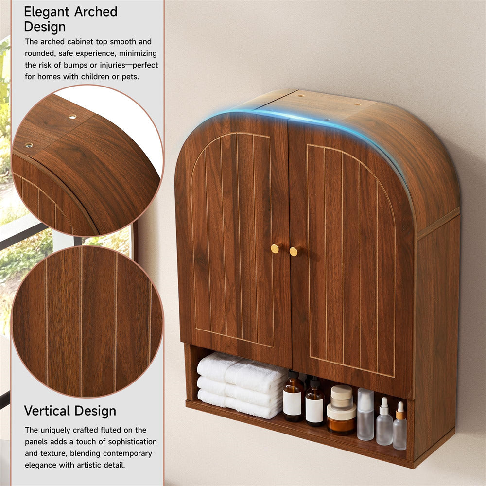 Wooden cabinet with elegant arch top design, holding towels and bottles, on a neutral background.
